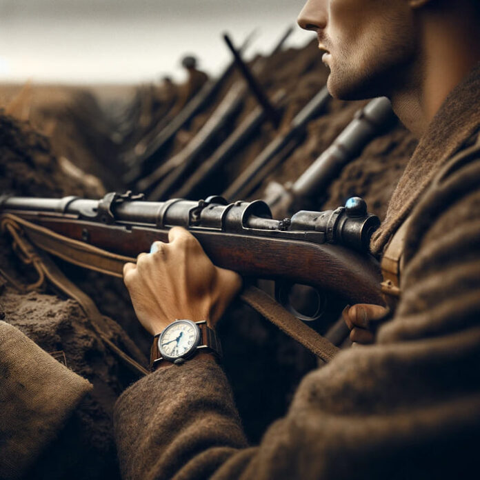 WWI soldier in a trench, wearing a classic watch, gazing towards enemy lines on a battlefield