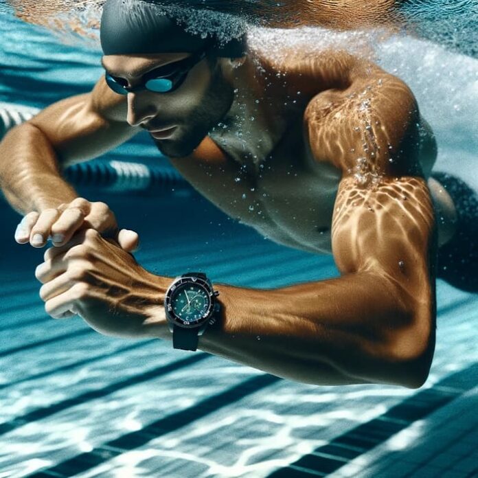 A professional swimmer wearing the latest dive watch