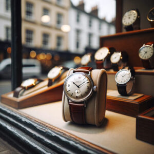 A classic analog watch with a leather strap and elegant face, displayed in a 1930s watch shop window, evoking the timeless charm of the era.