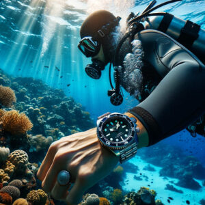 Diver in blue ocean waters near coral reefs, wearing a classic diver's watch, illuminated by sunlight