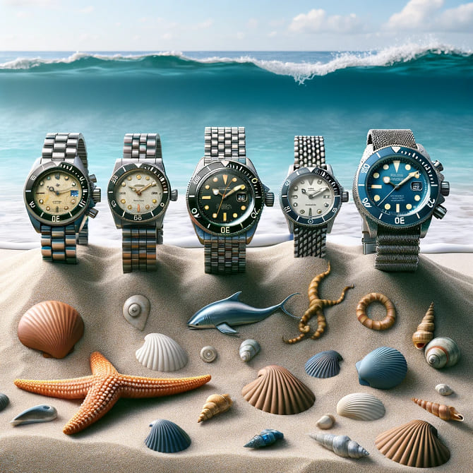 Dive watches from the 1930s, 1950s, 1980s, and modern era on a beach, surrounded by seashells and a starfish, showcasing their evolution