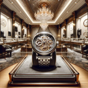 A detailed skeleton watch displayed on a plush velvet cushion inside a high-end watch shop, highlighting the watch's intricate craftsmanship and the boutique's refined ambiance