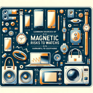Infographic without text showing illustrations of smartphones, laptops, handbag clasps, speakers, microwave ovens, and induction cooktops as common sources of magnetic fields harmful to watches