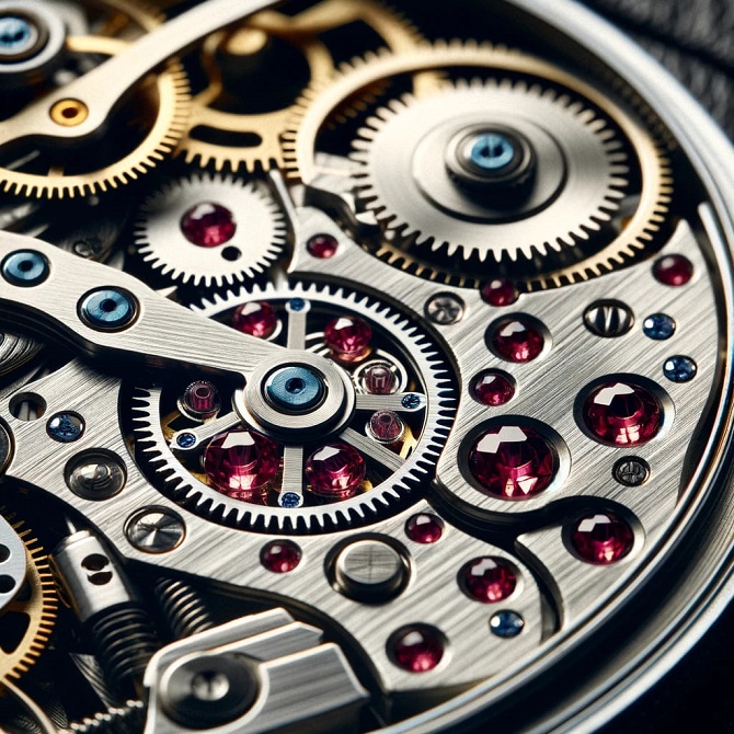 Close-up of mechanical watch movement with red jewels, gears, and springs, showcasing the precision and craftsmanship of watchmaking