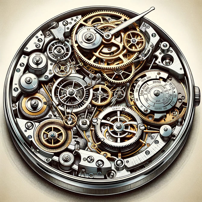 This illustration intricately showcases the internal mechanics of a luxury watch, emphasizing the precision and craftsmanship in watchmaking