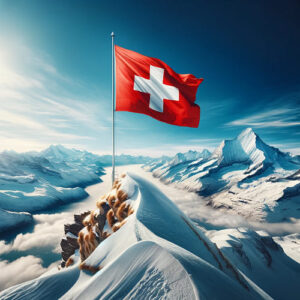 Snow-covered Alps with a Swiss flag waving at the peak under a clear blue sky, symbolizing Switzerland's pride and natural beauty