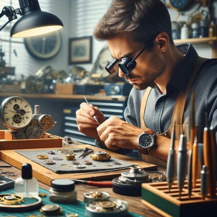 Craftsman repairing a watch with precision tools