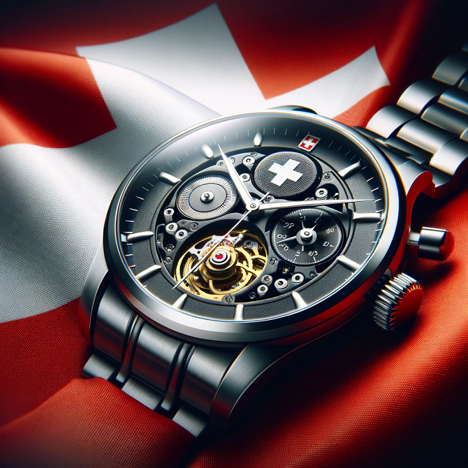Luxurious Swiss watch in front of the Swiss flag, symbolizing the country's renowned watchmaking excellence.