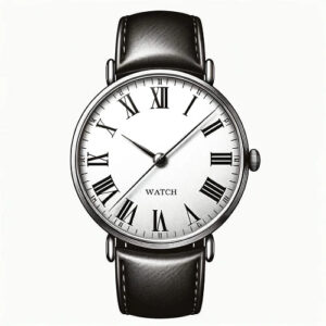 Classic analog watch with a white dial, Roman numerals, black hands, silver case, and a refined leather strap