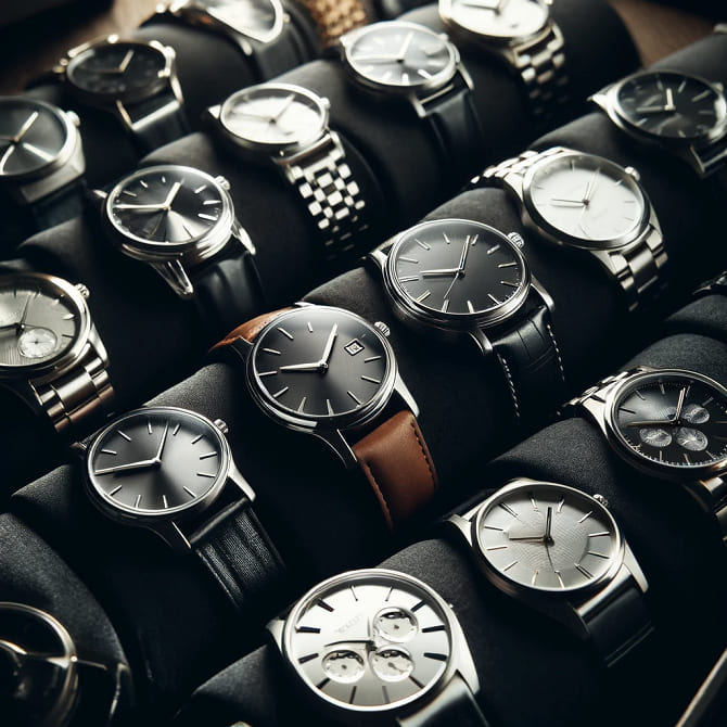 Collection of high-end watches for groomsmen, featuring metal bracelets and leather straps on a dark velvet surface.