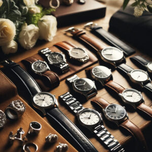 Variety of elegant groomsmen watches on a wooden table, accented with wedding accessories like cufflinks and a boutonniere.