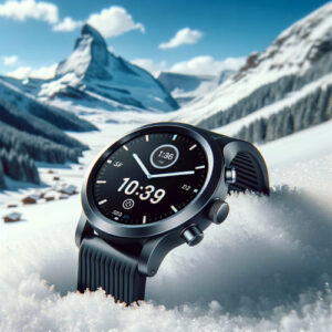 Smartwatch on snow with snow-capped mountains in the background, showcasing outdoor durability