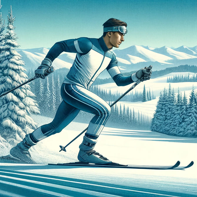 Nordic skier in blue and white suit gliding through a snowy landscape with pine trees and mountains in the background