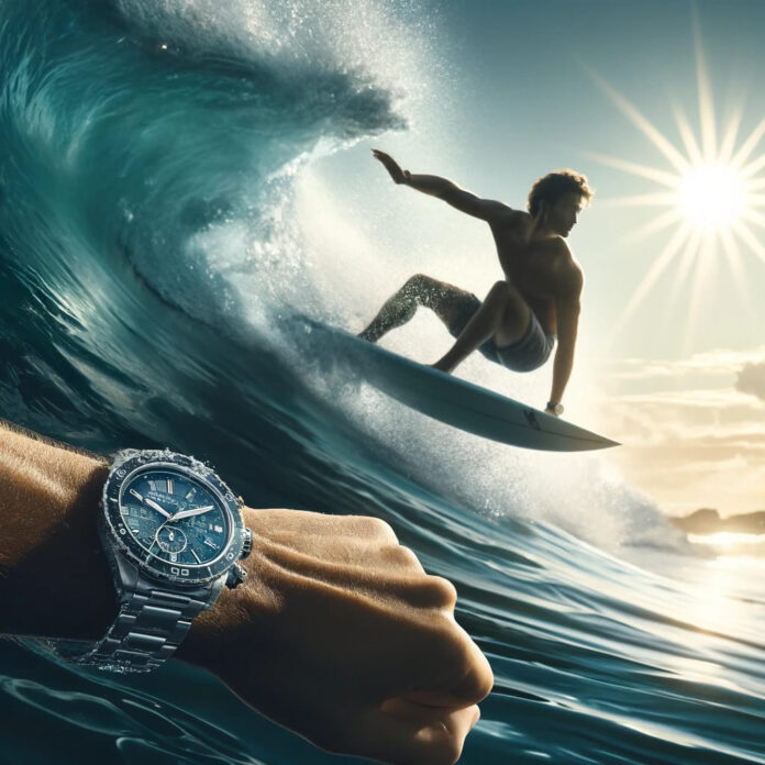 Surfer riding a wave wearing a surf watch.