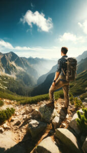 Hiker standing on a rocky mountain trail with scenic views.