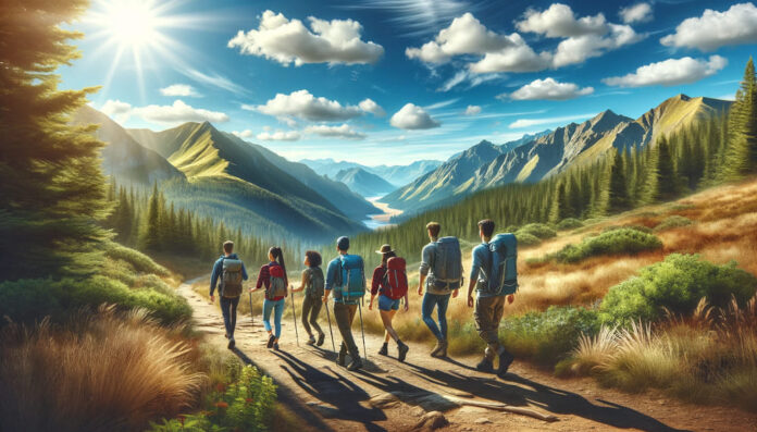 Diverse group of hikers on a scenic mountain trail.