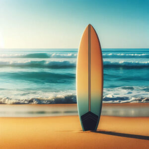 A brightly colored surfboard standing upright in the sand by the sea, with ocean waves and a clear blue sky in the background.