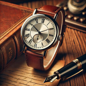 Close-up of a classic wristwatch with a leather strap and Roman numerals, placed on a wooden table with a vintage book and fountain pen