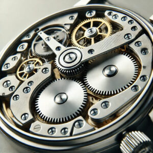 Detailed close-up of an automatic watch movement showing intricate gears, rotor, and key components with a metallic finish