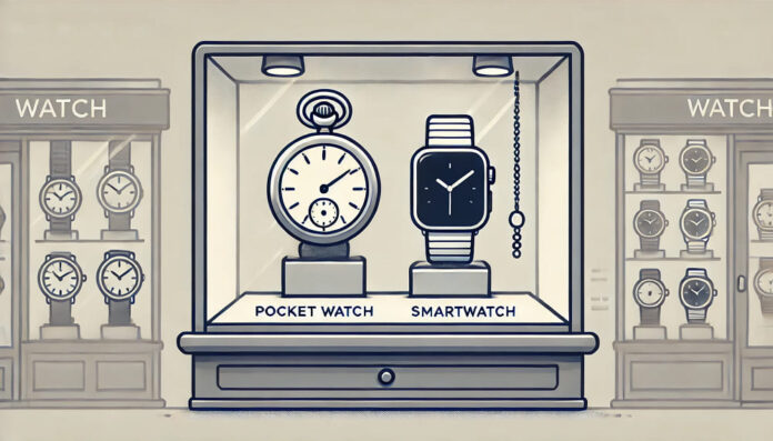 Pocket watch and smartwatch in a shop window