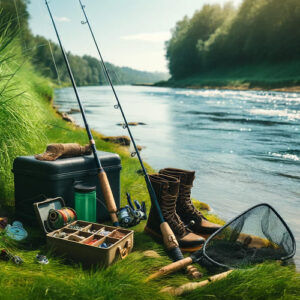 Fishing rod, open tackle box with lures and hooks, fishing net, and worn boots on a lush grassy riverbank with clear, gently flowing water