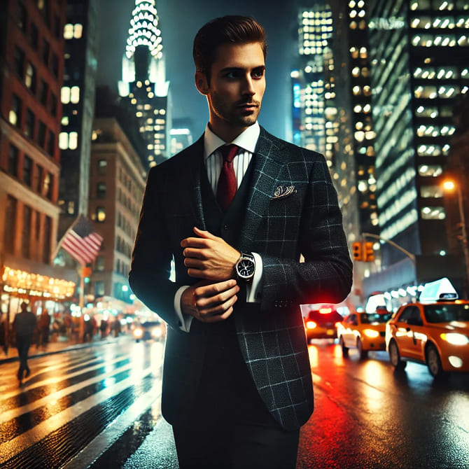 A gentleman in a suit wearing a watch, walking at night in New York City with vibrant lights and skyscrapers in the background.