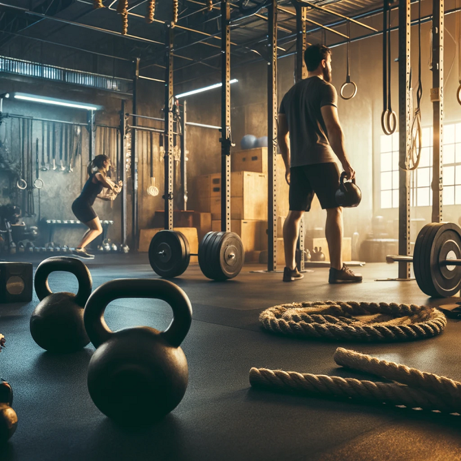 CrossFit gym with kettlebells, ropes, weights, and people working out.