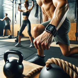 Man wearing a smartwatch while lifting weights in a CrossFit gym with kettlebells, ropes, and another person doing a high-intensity workout.  