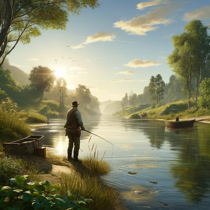 A fisherman stands on a riverbank holding a fishing rod, surrounded by lush greenery and calm water with fish visible.