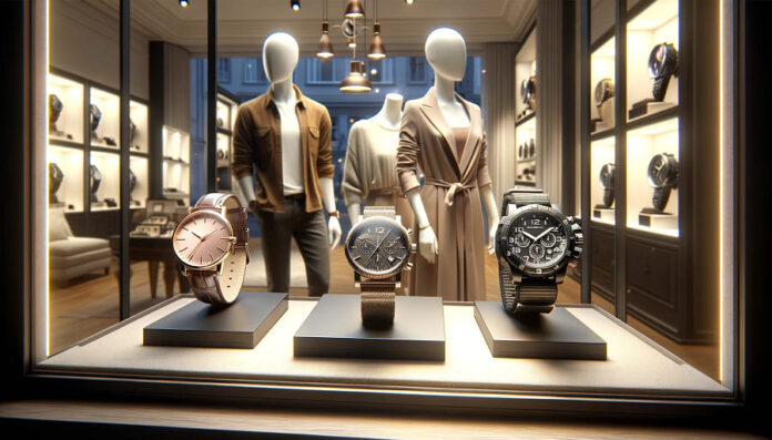 A store window display with a feminine watch, a dress watch, a military watch, and a smart watch, all highlighted with soft lighting