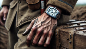 Close-up of a WWI soldier's dirty hand wearing a  watch, with mud visible in the trench background.