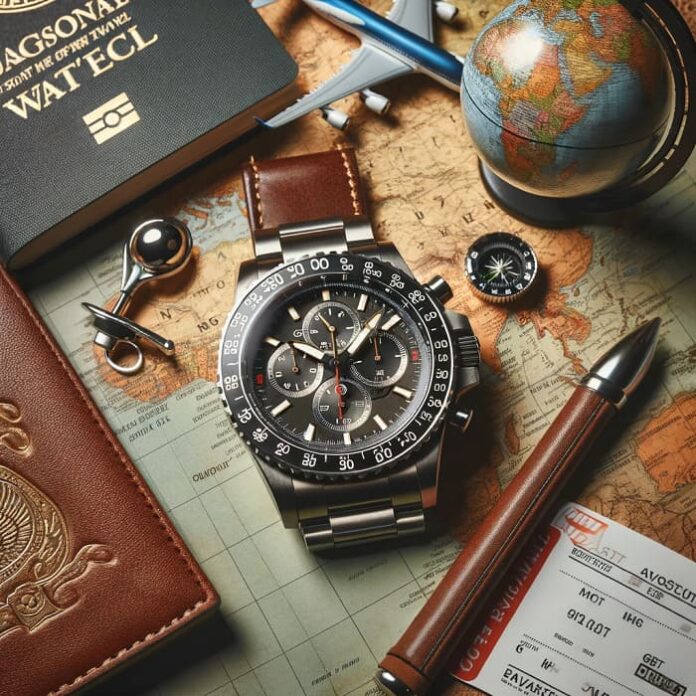 A simple GMT watch with a passport and a globe next to it