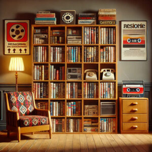 Room with wooden bookshelves, vintage decor, retro posters, and a classic armchair, evoking a 1980s atmosphere