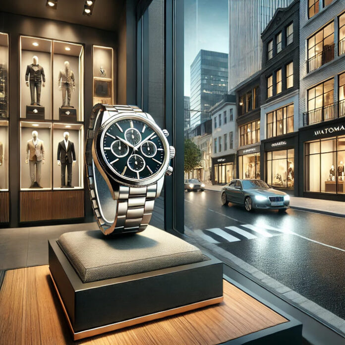 Luxury automatic watch displayed in a modern watch shop with contemporary decor and street scene