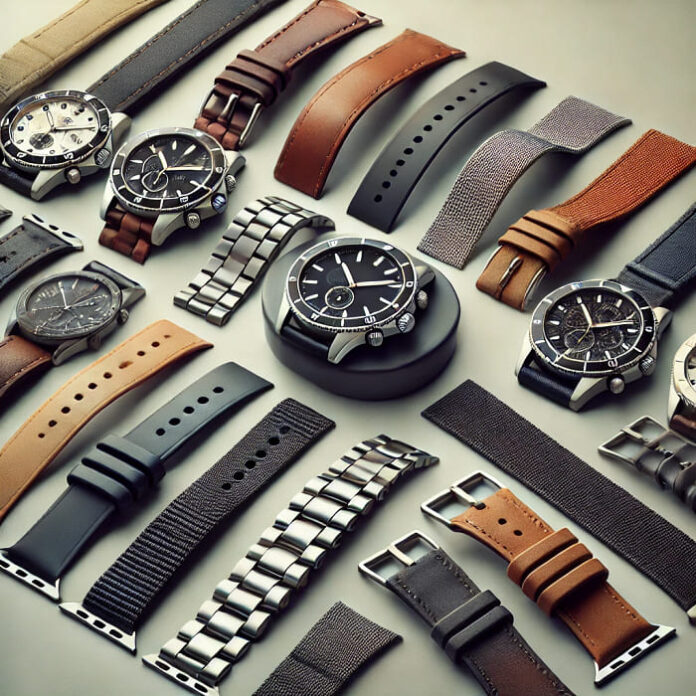 A variety of watch bands made from different materials, including leather, metal, rubber, and nylon