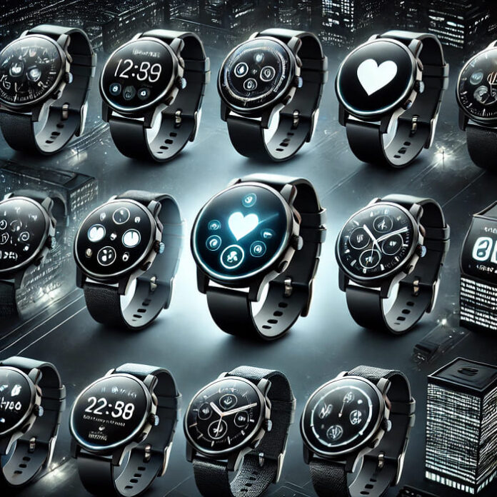 Various modern smartwatches with glowing screens showing features like sleep tracking and heart rate monitoring, set against a dark background with faintly lit office buildings, streetlights, and a starry night sky