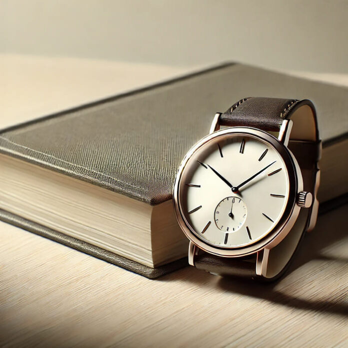 A classic analog wristwatch placed near a closed book on a clean, minimalistic desk with a light background