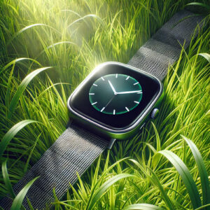 Classic smartwatch with a black screen, lying on lush green grass with sunlight filtering through, highlighting the blend of technology and nature