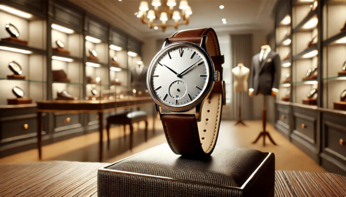 Classic watch with a round dial and leather strap in a watch shop display