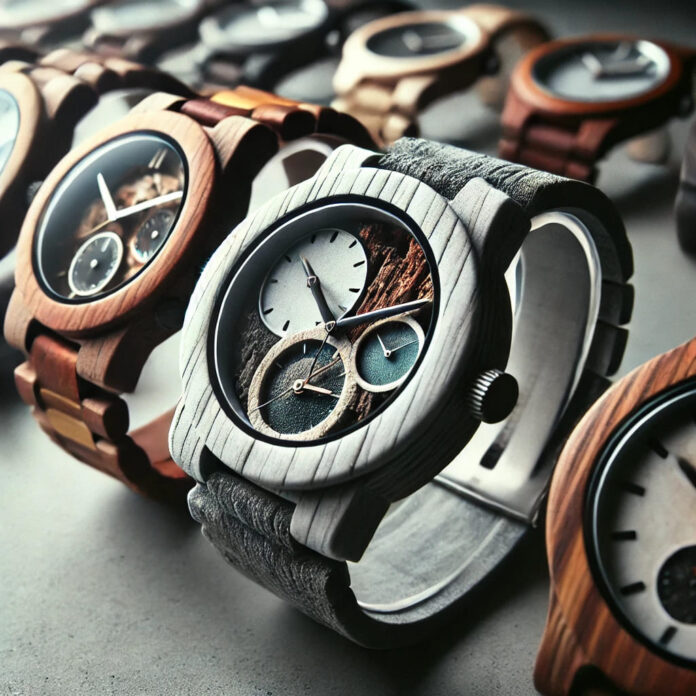 Close-up of a collection of watches made from unusual materials such as wood, stone, and other unique substances, arranged on a sleek, modern surface