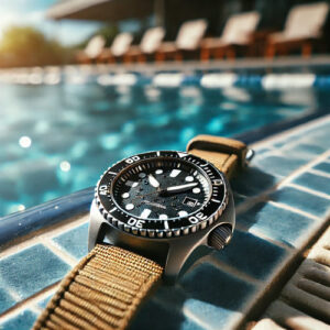 Close-up of a dive watch placed at the edge of a swimming pool, with clear blue water and tiled pool edge in the background.