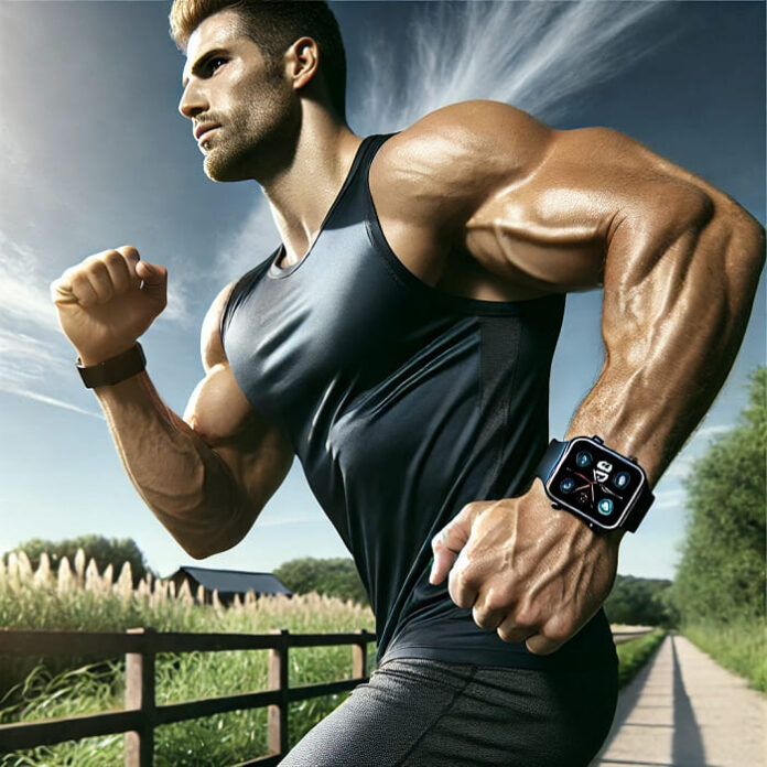 Muscular man running with a large smartwatch on a scenic outdoor trail