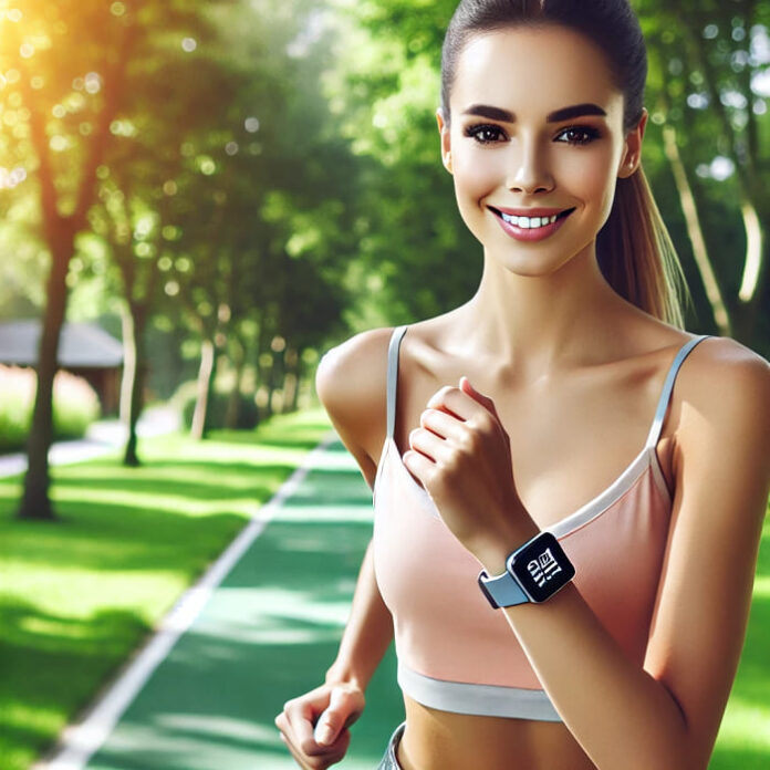 Fit girl jogging in a park, wearing a modern smartwatch.