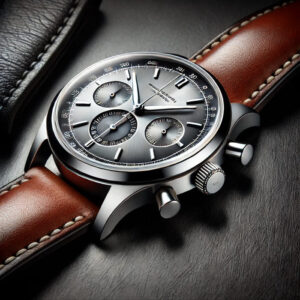 A high-quality wristwatch with a stainless steel case, sapphire crystal, and leather strap