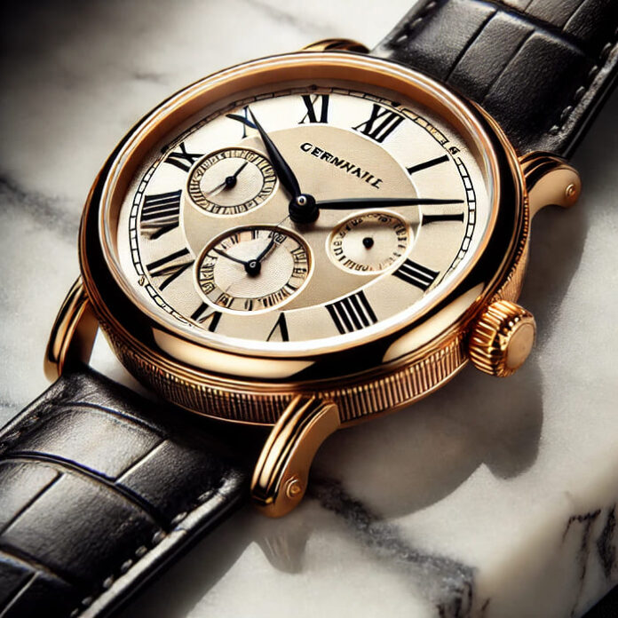 A luxurious wristwatch with a gold case, sapphire crystal, and black leather strap