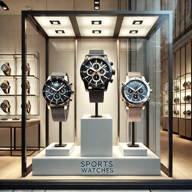 hree modern sports watches displayed on stylish stands in a sleek shop window.