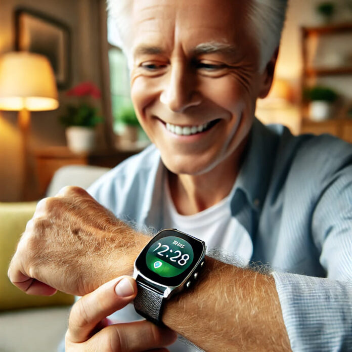 A senior person smiling and looking at a smartwatch with a bright, easy-to-read display, in a well-lit, cozy living room setting