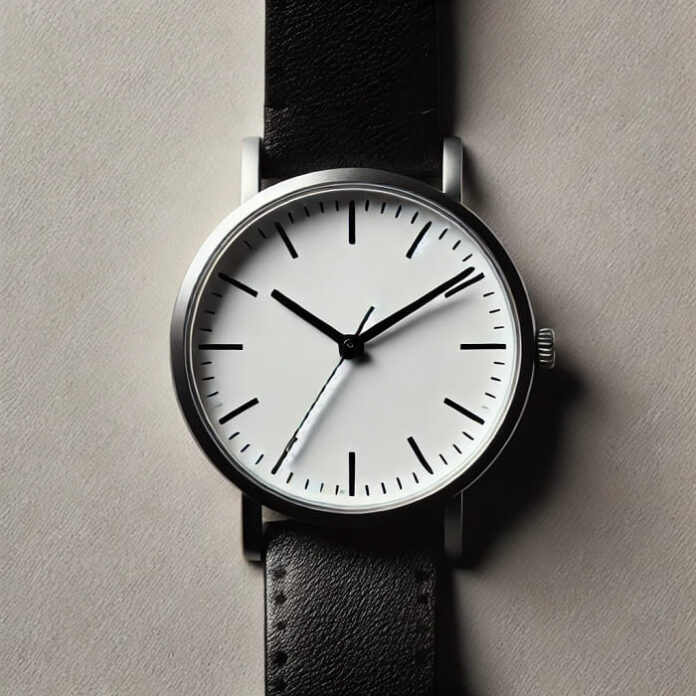 Close-up image of a simple analog watch with a white dial, black hour markers and hands, a black leather strap, and a silver casing