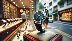 A simple classic analog watch with a blue dial displayed in a watch shop, viewed from the street through the shop window