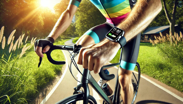 A cyclist riding a bicycle with their hands on the handlebars, wearing a smartwatch on their left wrist, in a scenic sunlit park